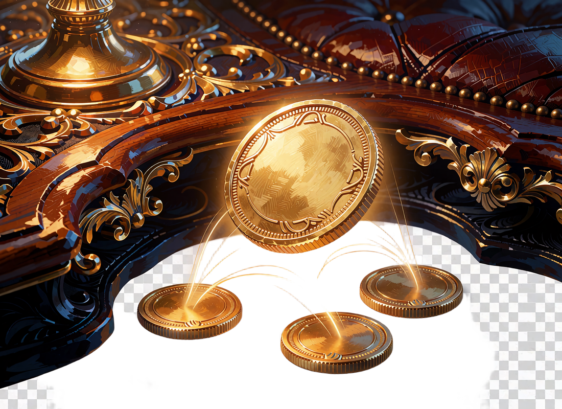 Świecący złoty token kryptowaluty unoszący się nad mniejszymi monetami - symbol płatności USDT w WestAce Casino