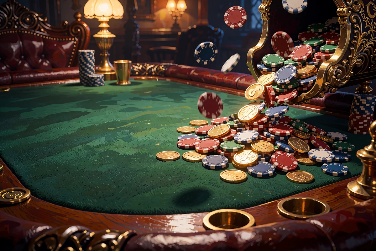 Żetony i złote monety spadające na st&oacute;ł w kasynie - symbol cashbacku i Live Cashback 25% w WestAce Casino