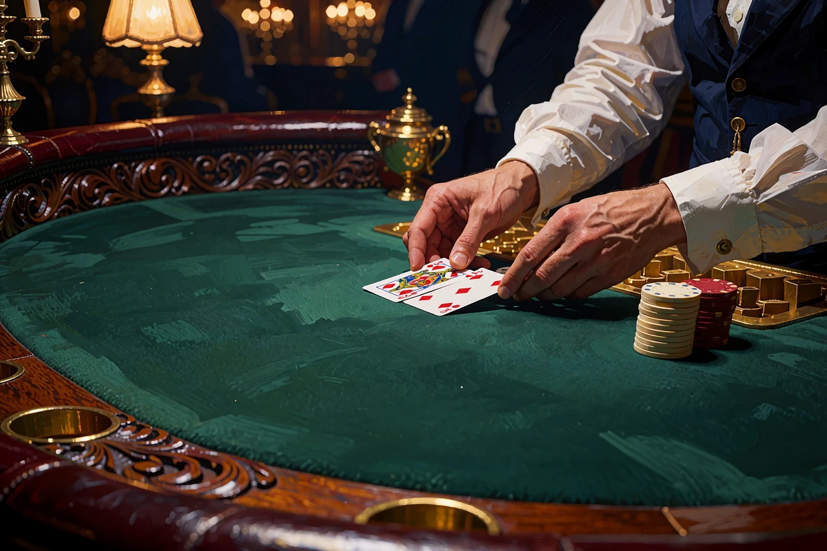 Dłonie krupiera rozdające karty na zielonym suknie stołu baccarat w kasynie na żywo WestAce Casino