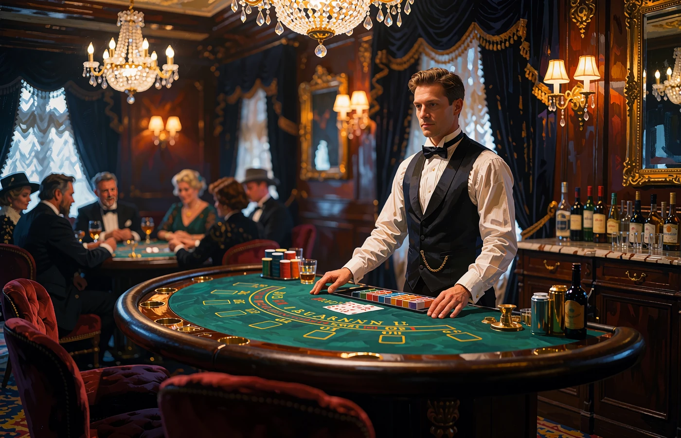 Krupier przy stole blackjacka w eleganckiej sali kasyna na żywo WestAce Casino