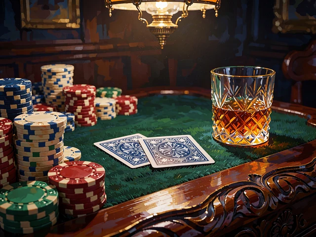 Żetony, zakryte karty i szklanka whisky na zielonym suknie - stolik salonowy w WestAce Casino